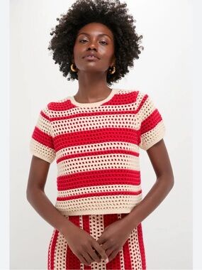 tuckernuck hyacinth house NWT Striped Crochet Short Sleeve Top - Red & Cream